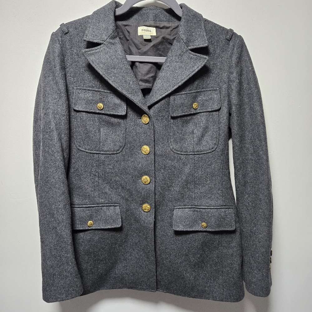 Fossil Gray Military Coat Size Medium Wool Blend Gold Buttons Winter Preppy